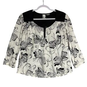 Girls From‎ Savoy Anthropologie 100% Cotton Butterfly Blouse Sz 10 Black & White
